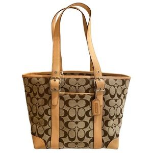 COACH VINTAGE 2002  SIGNATURE JACQUARD NATURAL TAN VANCHETTA LEATHER TOTE